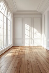 Fototapeta premium A white room with a brown wooden floor, white walls, and a window on the left side.