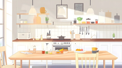 White home kitchen interior eating table, cooking cabinet with kitchenware