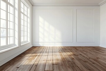 A white room with a brown wooden floor, white walls, and a window on the left side.