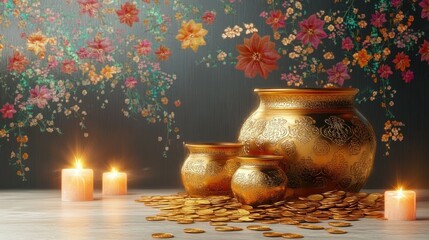 Celebration of Prosperity and Wealth during Dhanteras Akshaya Tritiya Hindu Festival with Golden Pots and Coins