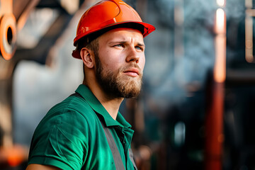A man in a green shirt and orange hard hat is looking at the camera