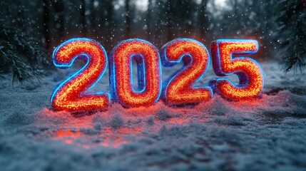Vibrant representation of the year 2025 in a snowy landscape with glowing numbers.