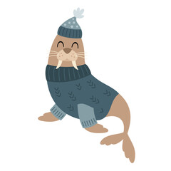 Walrus clipart. Cute Arctic animal clipart. Hand draw vector illustration in flat style