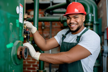 A man in a green apron is smiling while fixing a pipe