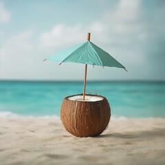 coconut straw umbrella sandy beach