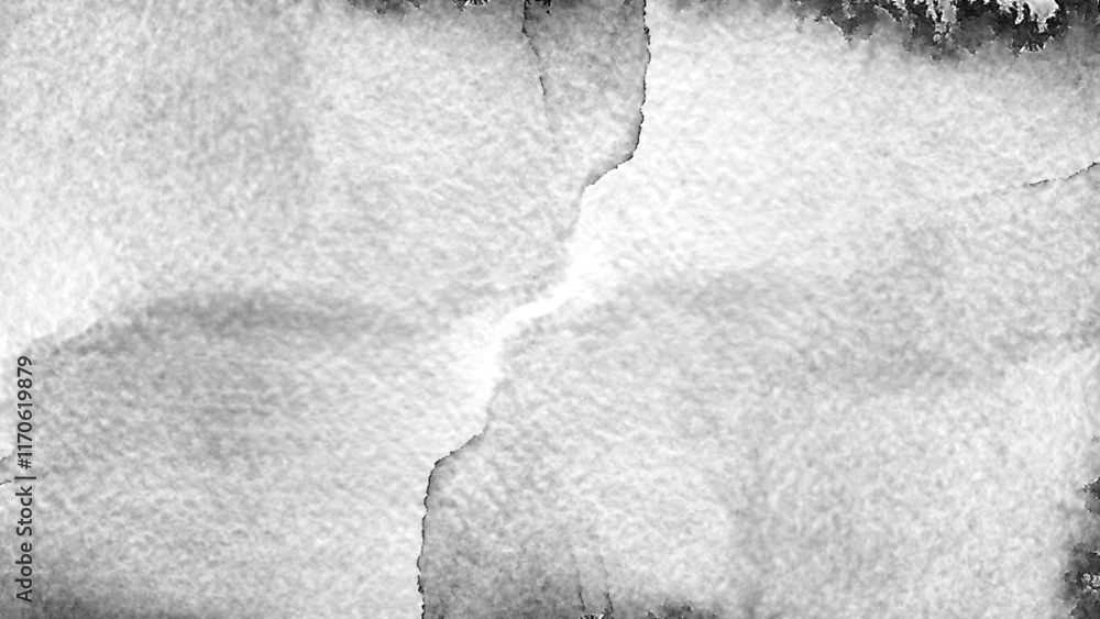 Poster monochrome watercolor backdrop with central fracturing line, generating dynamic textural composition