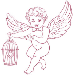 Cute Cupid with a Birdcage Illustration.