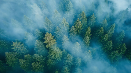 Aerial drone forest survey photograph, top down bird's eye view, woodland trees background, surveying landscape trees