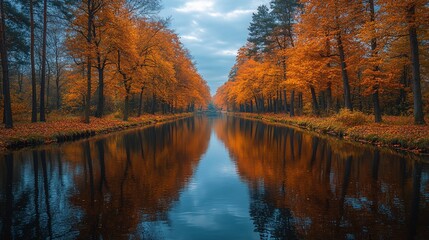 Obraz premium Autumn Trees Reflected In Calm Canal Water