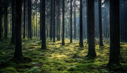 Fototapeta premium Sunlit Mossy Forest Floor, Tall Trees, Tranquil Woodland Scene