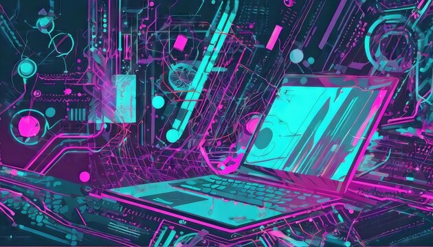 Futuristic Computer Technology A Neon Dreamscape of Laptops and Innovation