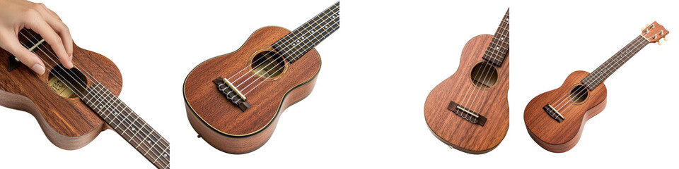 Obraz premium Closeup shot of several different types of acoustic stringed musical instruments including ukuleles and guitars Wooden instruments in various shapes sizes