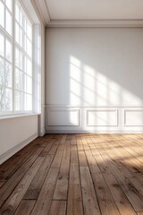 Fototapeta premium A white room with a brown wooden floor, white walls, and a window on the left side.