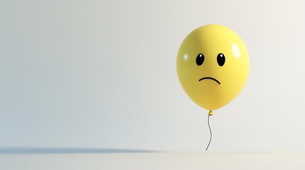 A yellow balloon with a sad face is floating in the air