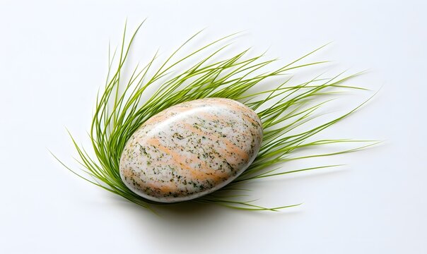 Polished ocean jasper stone nestled in vibrant green grass.