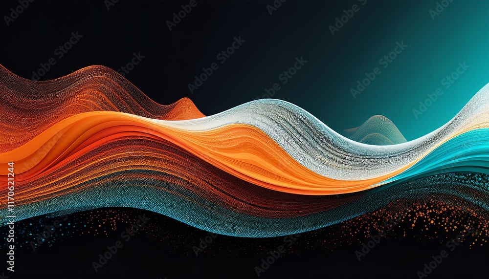 Poster a vibrant abstract image featuring flowing waves of orange, blue, and white, creating a dynamic and 