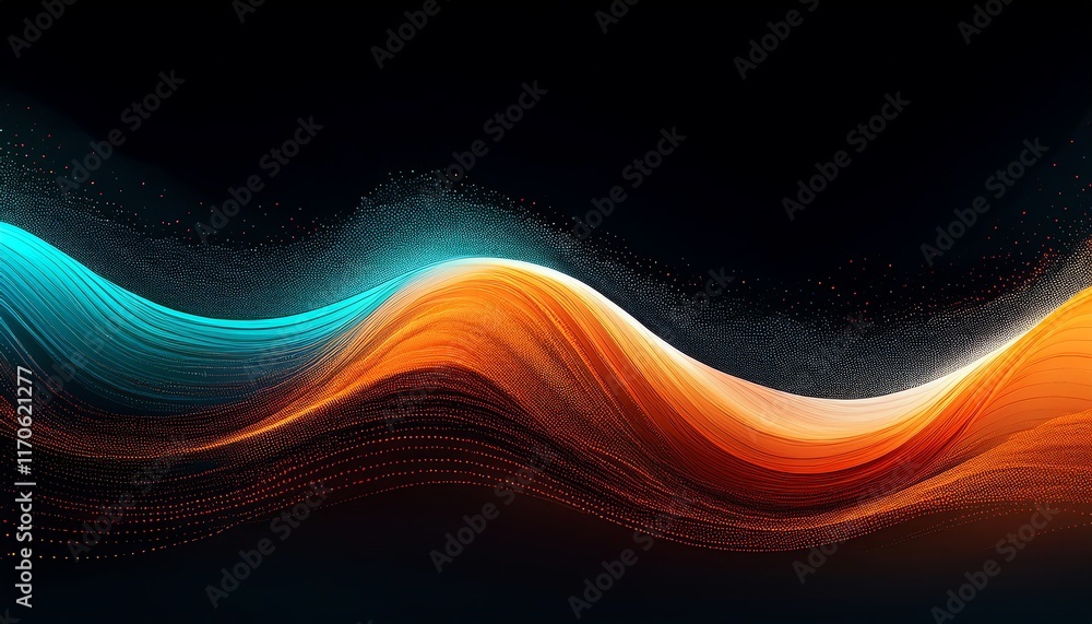 Poster a vibrant wave of orange and blue colors intertwines against a dark background, creating a dynamic, 