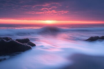 stunning sunrise creates a magical connection between vast ocean and celestial sky- as a beautiful array of pastel colors paints a mesmerizing picture in early morning mist