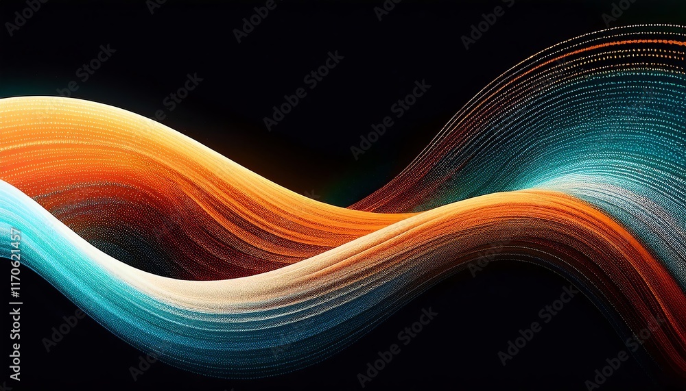 Poster a vibrant abstract design featuring flowing waves in orange and blue against a dark background, crea