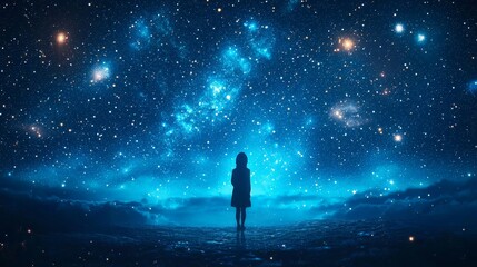 Obraz premium Twinkling stars scattered across a deep blue sky, soft blur effect creating a mystical, calming night scene, perfect for fantasy backdrops, dreamy atmosphere