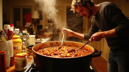 A man is cooking a large pot of chili on a stove