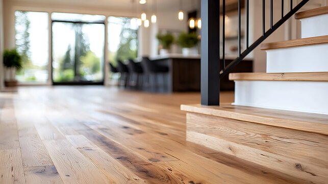Fototapeta Modern home interior with hardwood floors, stairs, and kitchen view.