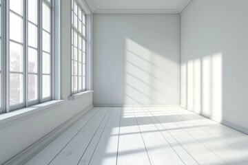 Fototapeta premium A white room with a white wooden floor, white walls, and a window on the left side. 