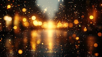 Obraz premium Urban grunge meets magic with a textured dark background, soft gold glitter bokeh, twinkling lights, defocused glittering foreground