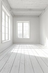 Obraz premium A white room with a white wooden floor, white walls, and a window on the left side. 