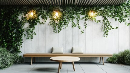 Tranquil outdoor patio bench with plants, lights, and wall.
