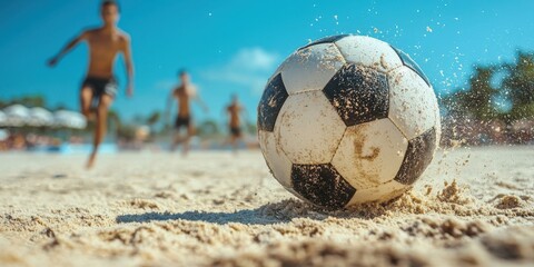 A close-up of a soccer ball on sandy beach, with players in the background enjoying a sunny day of beach soccer.
