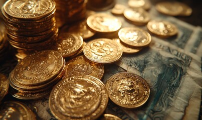 Golden coins stacked on crumpled dollar bill.