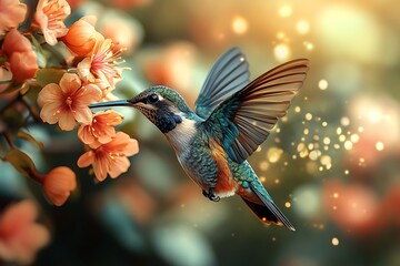 Fototapeta premium A glowing hummingbird feeding on a vibrant, fiery flower.
