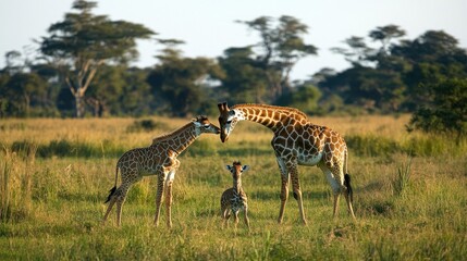 Naklejka premium A mother giraffe and her two children are standing in a grassy field