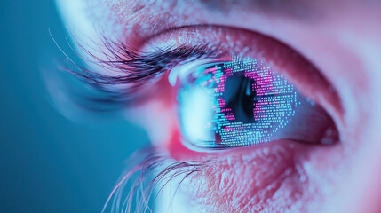 Close up of a human eye with digital data reflections in cyber style