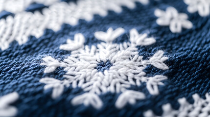 Close-up of intricate white snowflake embroidery on a dark blue fabric
