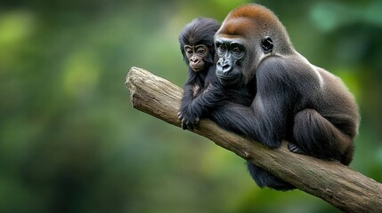 Fototapeta premium A baby gorilla is sitting on a branch with its mother