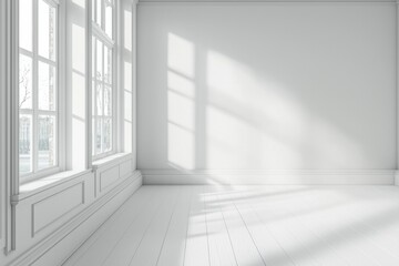 Fototapeta premium A white room with a white wooden floor, white walls, and a window on the left side. 