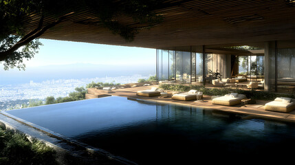 Obraz premium Luxurious infinity pool overlooking a sprawling cityscape, modern architecture with wooden accents, tranquil atmosphere.