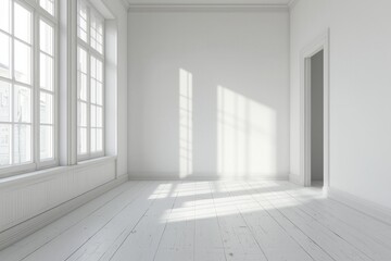 Fototapeta premium A white room with a white wooden floor, white walls, and a window on the left side. 