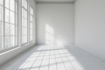 Fototapeta premium A white room with a white wooden floor, white walls, and a window on the left side. 