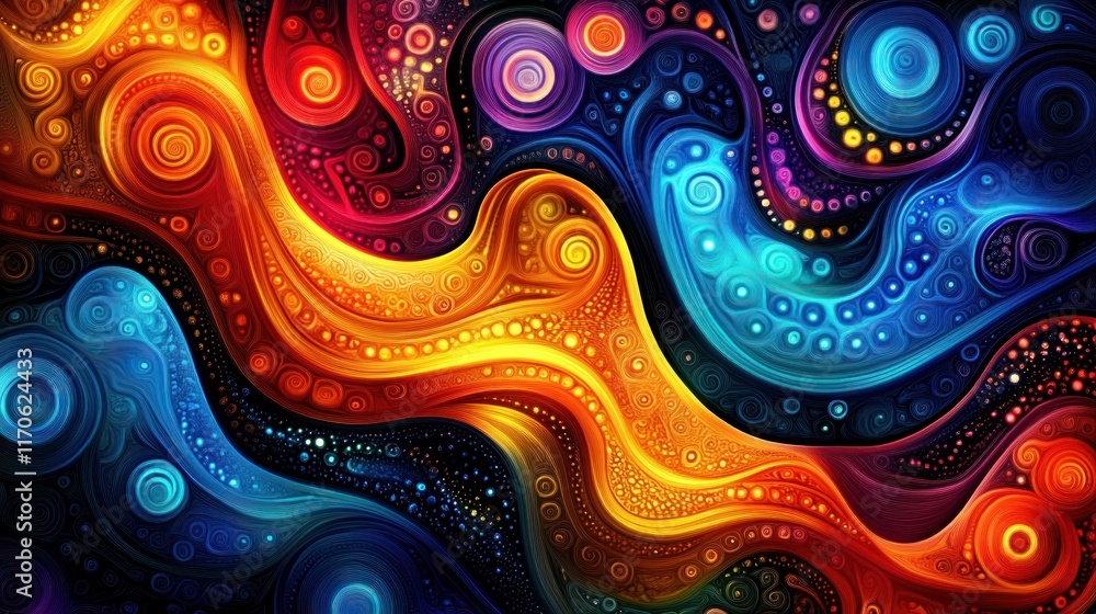 Poster vibrant abstract design with swirling shapes and patterns in warm color contrast