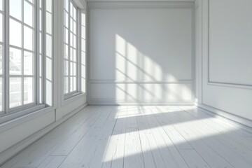 Obraz premium A white room with a white wooden floor, white walls, and a window on the left side. 
