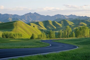 Asphalt road with green mountain nature landscape in Xinjiang at sunset, China. 