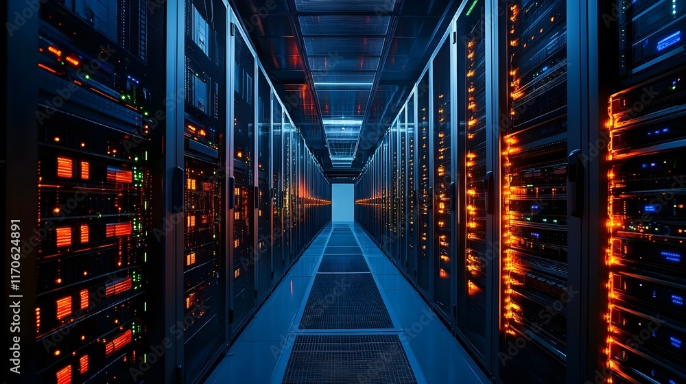 Aufkleber futuristic data center server room: servers and network