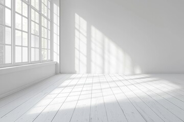 A white room with a white wooden floor, white walls, and a window on the left side. 