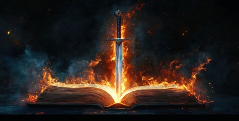 Glowing Sword Emerging from Ancient Bible Flames Illuminated Powerful Sharp Double Edged Spiritual Concept Art