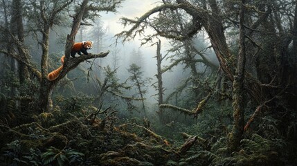 A painting of a forest with a red panda on a tree branch