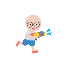 Songkran festival old people thai holding water gun splashing, Traditional happy thai new year, senior man and woman in Thailand cartoon flat style Illustration