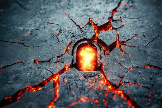 A glowing lock emerges from cracked ground, symbolizing danger or hidden secrets.